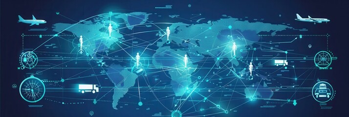 Leinwandbilder - Highlighted transport routes demonstrate global connectivity through air, land, and sea, featuring various transport modes and icons. Generative AI