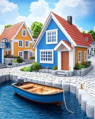 Wall Mural - charming coastal village with colorful houses and a boat