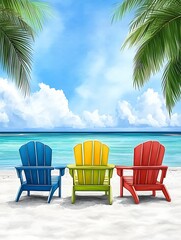 Wall Mural - relaxing beach scene with colorful chairs