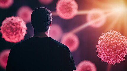 Person observing abstract cells under vibrant light, emphasizing science and discovery.