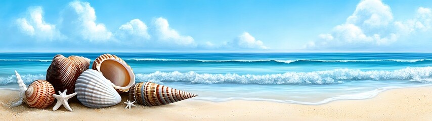 Wall Mural - a serene beach scene featuring a variety of colorful seashells and gentle waves under a clear blue s