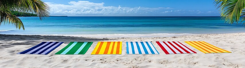 Wall Mural - vibrant beach towels lined up on the sand by the ocean