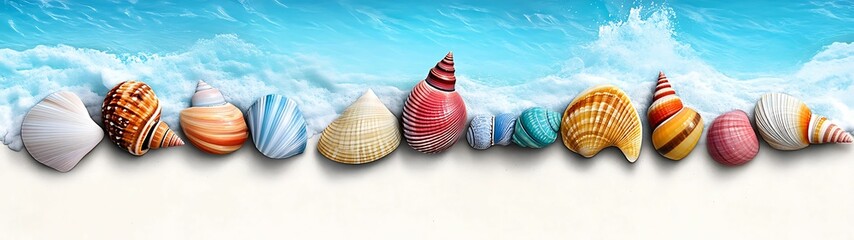 Wall Mural - Colorful seashells displayed on a sandy beach with ocean waves