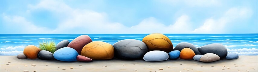 Wall Mural - A serene beach scene featuring colorful stones by the water