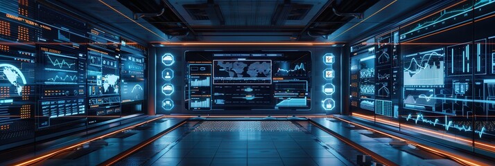 A logistics control center showcases large screens filled with route data and delivery information for streamlined management. Generative AI