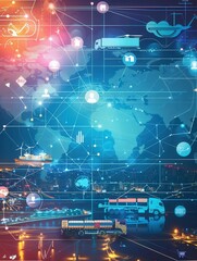 Fototapete - This visual displays a world map featuring prominent transport routes along with icons representing different transport modes. Generative AI