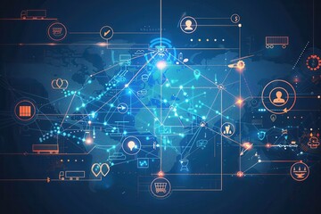 Fototapete - Highlighted transport routes connect global locations, featuring icons for multiple transportation methods and logistics. Generative AI