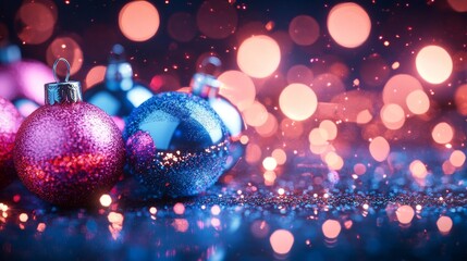 Close-up of neon blue and pink holiday baubles on shiny chrome background, glowing with holographic lights, cyberpunk style, digital art, soft reflections