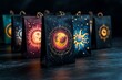 © Sanchai - Fantasy-inspired packaging bags that change color based on the contents inside, with ethereal designs and glowing symbols, hovering slightly above the surface in a magical shop