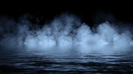 Wall Mural - Mystery coastal blue fog . Smoke on the shore . Reflection in water. Texture overlays background. Stock illustration. Design element.