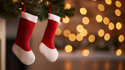 Cozy red Christmas stockings hang from festive tree, surrounded by warm, glowing lights that create cheerful holiday atmosphere.