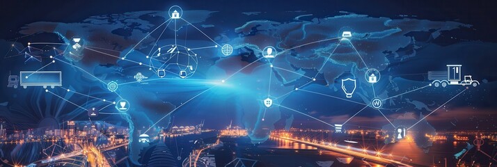 Fototapete - Highlighted transport routes and icons illustrate global connectivity across air, land, and sea transport systems in a modern context. Generative AI