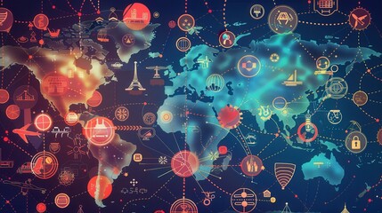 Aufkleber - Highlighted transport routes and diverse transport icons demonstrate global connectivity and movement across regions and nations. Generative AI