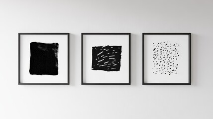 Abstract Art Trio: Hand-Drawn Black Grunge Squares with Bold Strokes and Scrawls on White Background