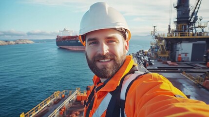 Selfie of worker, wearing orange jacket and white helmet. On background sea and cargo ship