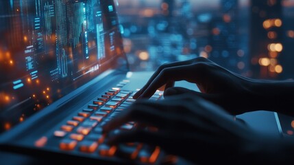 Hands Typing on a Laptop with a Blurry Cityscape in the Background