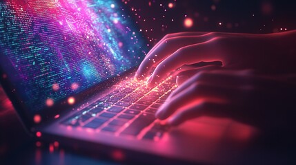 Hands typing on a laptop with glowing keyboard and digital code on screen.