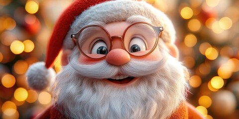 Wall Mural - Close-up portrait of smiling Santa Claus with gray mustache and glasses in a traditional white suit, festive atmosphere with bokeh and beautiful lights background