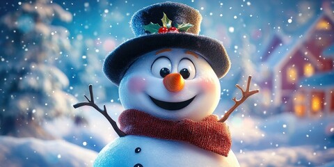 Canvas Print - Joyful snowman wearing a classic black hat, representing winter cheer and holiday spirit