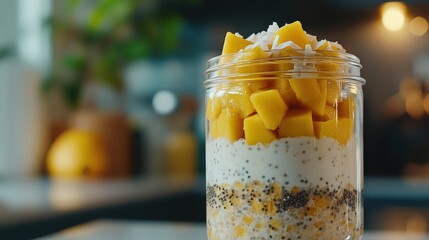 fresh mango chia overnight oats in a jar