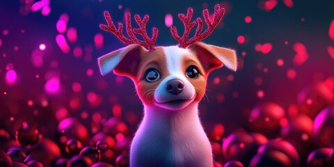 Wall Mural - Jack Russell Terrier puppy adorned with antlers sitting on a vibrant festive background, perfect for holiday greetings