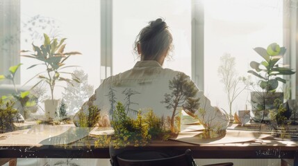 Poster - Serene Workspace with Nature Reflection and Plants