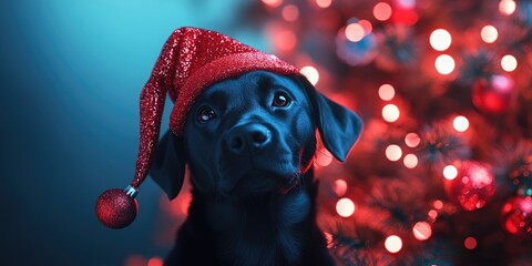 Sticker - Black Labrador dog in a festive gnome cap positioned beside a beautifully decorated Christmas tree adorned with sparkling garlands