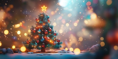 Wall Mural - Decorated Christmas tree with shimmering ornaments against a blurred, sparkling fairy light backdrop, festive decor