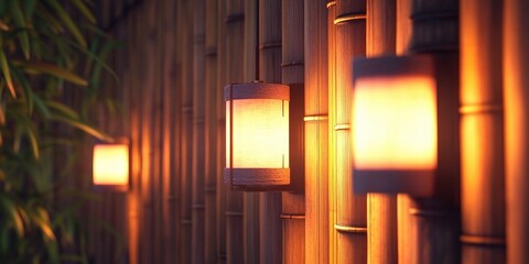 Sticker - Lamps beautifully adorning rustic bamboo walls, creating a cozy and inviting atmosphere