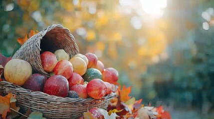 Colorful apples in a basket with autumn leaves, soft light background.