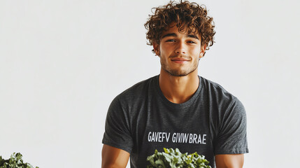 Smiling young man holding fresh greens, healthy living concept.