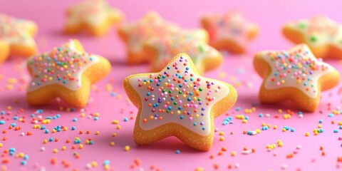 Wall Mural - Adorable little star-shaped cookies decorated with colorful sprinkles, perfect for festive celebrations