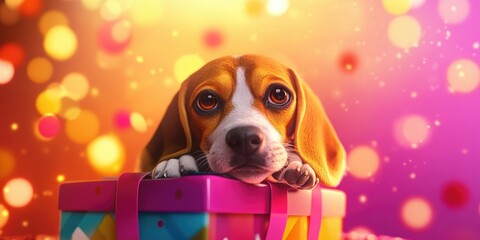 Wall Mural - Adorable beagle puppy resting on a colorful gift box, perfect for pet lovers and holiday themes