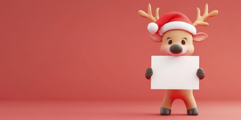 Wall Mural - Adorable reindeer toy dressed in a festive Santa hat, holding a blank writable card, perfect for holiday greetings and personalized messages