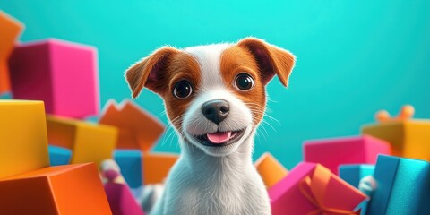 Wall Mural - Playful Jack Russell puppy surrounded by colorful gift boxes, perfect for holiday celebrations