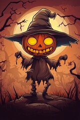 Sticker - Scary halloween pumpkin wearing a witch hat and standing in a forest at night