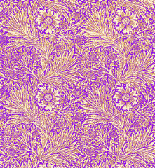  intricate floral pattern with large cream flowers on a purple background.