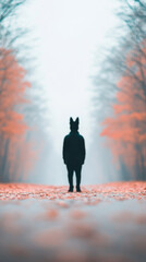 Silhouette of a person standing in a foggy forest path.