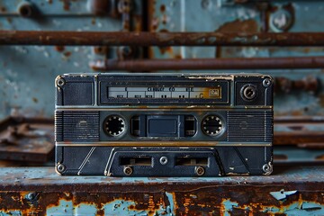 Vintage radio cassette player on a wooden table in a garage.