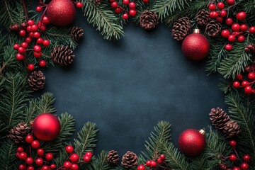 Christmas Eve concept. Top view photo of gift boxes with ribbon bows green red baubles gold star ornaments and pine branches