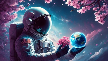 Astronaut in space cradling flowers with Earth reflecting in visor