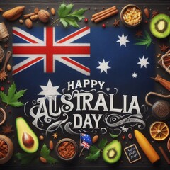 Wall Mural - Australian flag and text Happy Australia Day on a blackboard background for January 26 celebration