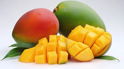 Fresh Mango Fruits and Sliced Pieces on a Light Background Generative AI