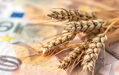 ears of wheat on the background of euro banknotes close-up