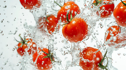 Juicy tomatoes are washed under clean water. A bunch of fresh red tomatoes splashes in drops of water on a white background. A vegan diet. Healthy eating