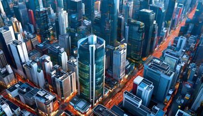 Vibrant city skyline featuring colorful skyscrapers and dense urban architecture in an aerial perspective