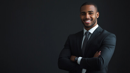 Confident young businessman smiling while standing with arms crossed in a dark studio setting