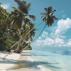 tropical beach in Maldives with few palm trees and blue lagoon