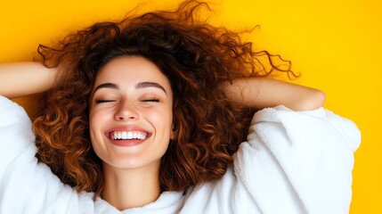 Happy woman with curly hair enjoying life against a vibrant yellow background.