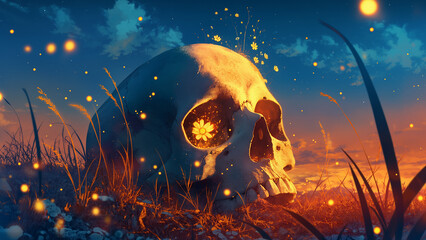 Skull. Styled like an anime or game background. Blue sky, sunset, sunrise, night, fog, snow, rain, cloudiness, autumn leaves, etc.